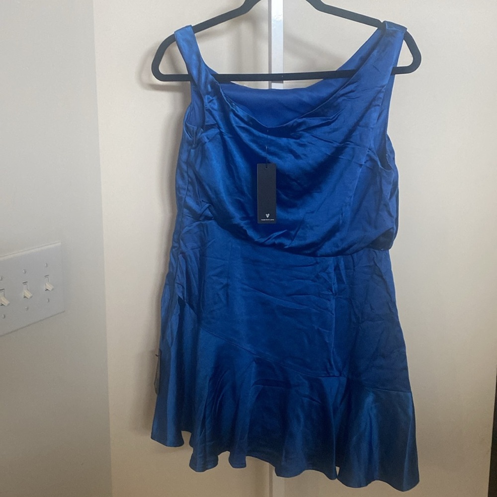 Lulus Iconic Crush Blue Satin One Shoulder Mini Dress - Picture 6 of 6